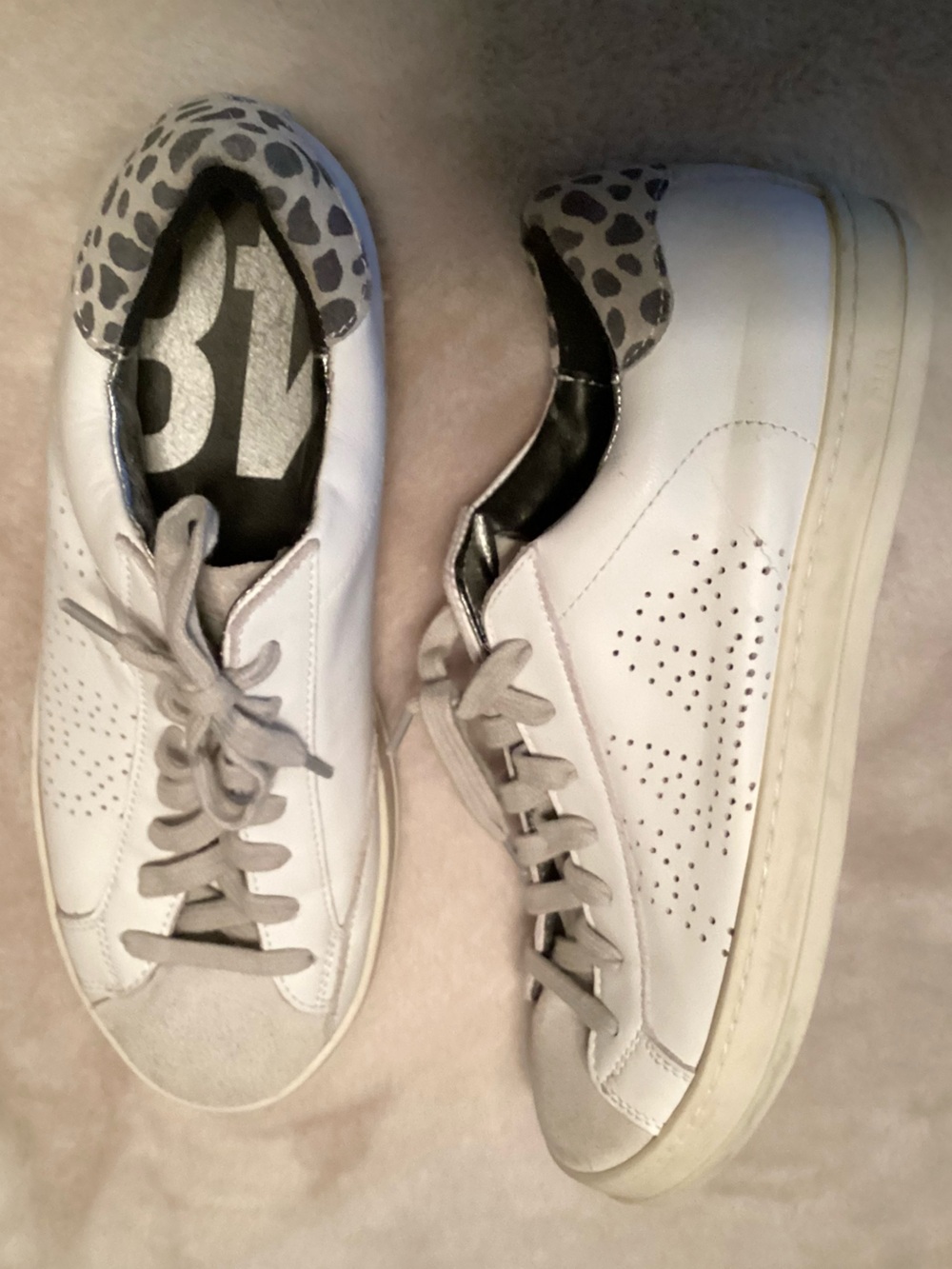 P448 John Leather Sneakers White with Gray Leopard Heel Accent - 38